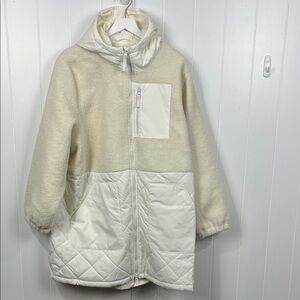 Lands End Womens Fleece/Quilted Jacket 2X White Full Zip Pockets Hood Sherpa NWT